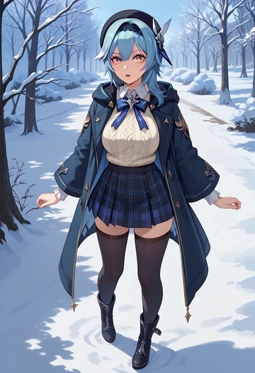 genshin impact,eula,winter,student uniform,hooded coat  - AI generated anime art