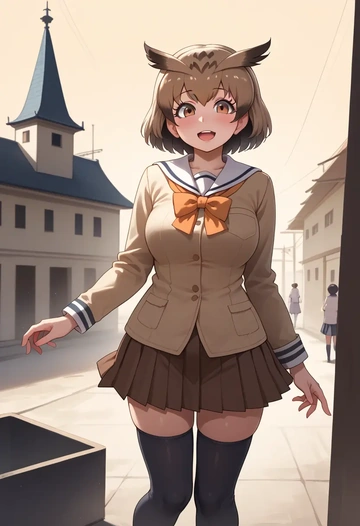 kemono_friends,eurasian_eagle_owl_(kemono_friends),jk uniform, stockings  - AI generated anime art