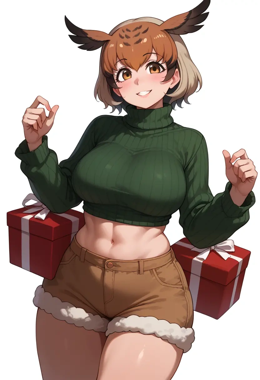 kemono_friends,eurasian_eagle_owl_(kemono_friends),Christmas,red velvet shorts,turtleneck sweater  - 