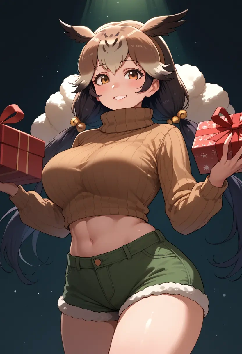 kemono_friends,eurasian_eagle_owl_(kemono_friends),Christmas,red velvet shorts,turtleneck sweater  - 