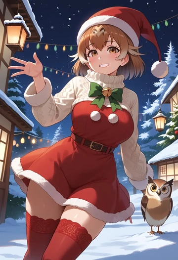 kemono_friends,eurasian_eagle_owl_(kemono_friends),Christmas,sweater dress,stockings  - AI generated anime art