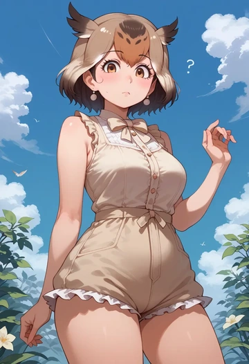 kemono_friends,eurasian_eagle_owl_(kemono_friends),sleeveless swim top,shorts-style bottom,contrast stitching  - AI generated anime art