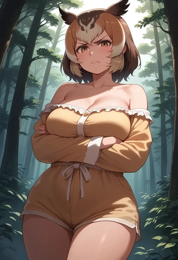 kemono_friends,eurasian_eagle_owl_(kemono_friends),pajamas, low-waisted shorts  - AI generated anime art