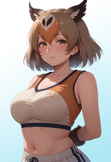 kemono_friends,eurasian_eagle_owl_(kemono_friends),sports crop,high-waisted shorts  - AI generated anime art