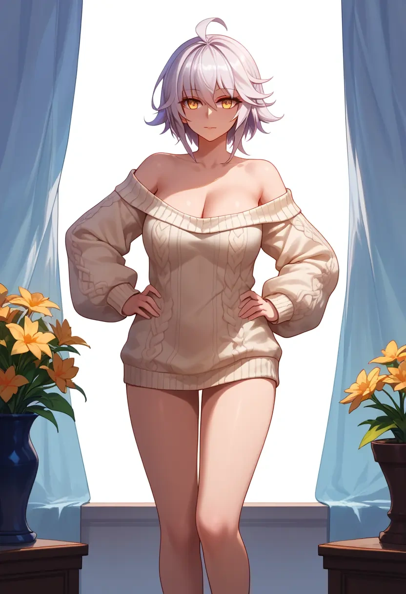 elsword,eve_(elsword),Hands on hips,off-shoulder,sweater  - 