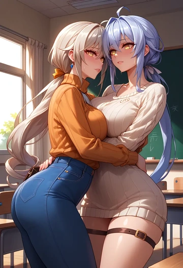 elsword,eve_(elsword),teacher, sweater, jeans shorts  - AI generated anime art