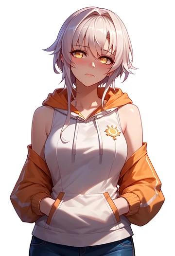 elsword,eve_(elsword),sleeveless hoodie,biker shorts  - AI generated anime art