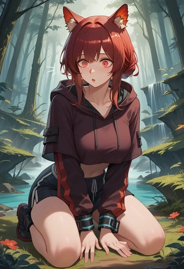 arknights,exusiai_(arknights),hoodie,cropped,high-waisted joggers  - AI generated anime art