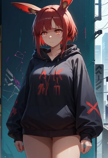 arknights,exusiai_(arknights),oversized graphic hoodie,thigh-high socks,shorts  - AI generated anime art