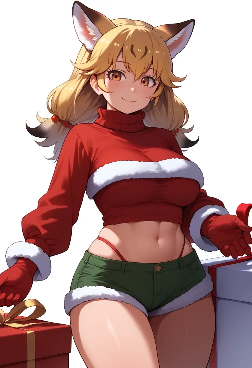 kemono_friends,ezo_red_fox_(kemono_friends),Christmas,red velvet shorts,turtleneck sweater  - 