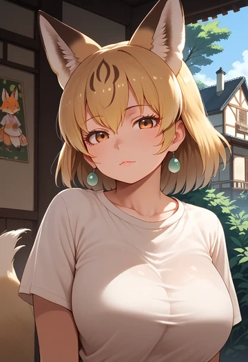 kemono_friends,ezo_red_fox_(kemono_friends),crop graffiti tee,dolphin shorts  - AI generated anime art