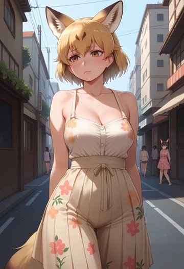 kemono_friends,ezo_red_fox_(kemono_friends),silk slip dress,floral prints  - AI generated anime art