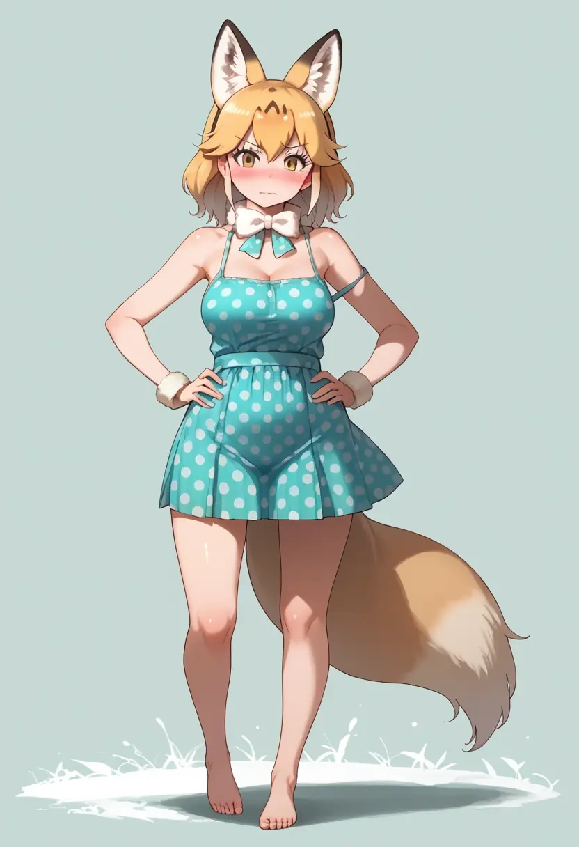 kemono_friends,ezo_red_fox_(kemono_friends),silk slip dress,polka dots  - 