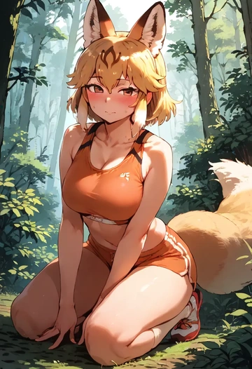 kemono_friends,ezo_red_fox_(kemono_friends),sports bra,high-waisted leggings  - AI generated anime art