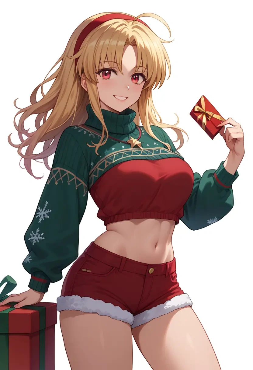 lyrical_nanoha,fate_testarossa,Christmas,red velvet shorts,turtleneck sweater  - 