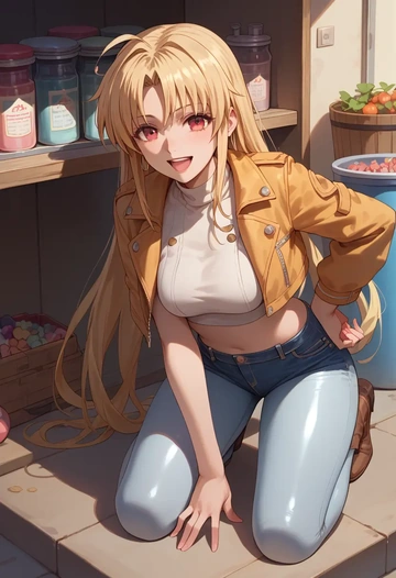 lyrical_nanoha,fate_testarossa,denim jacket,cropped,leather leggings  - AI generated anime art