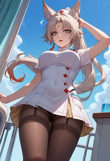 star rail,feixiao,nurse pantyhose,mini skirt, sexy  - AI generated anime art