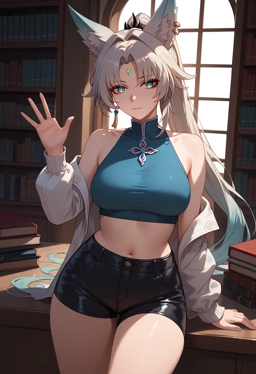 star rail,feixiao,leather,shorts,crop top  - 