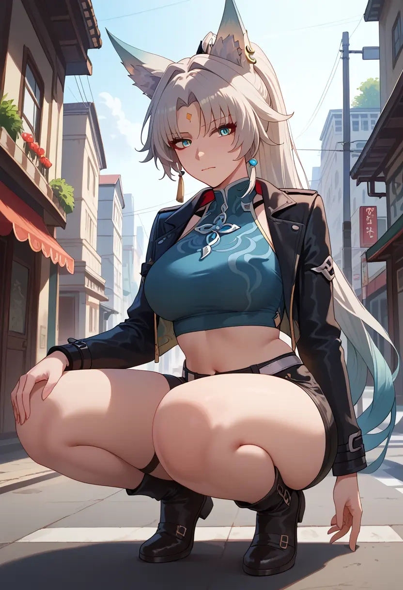 star rail,feixiao,leather,shorts,crop top  - 