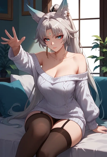 star rail,feixiao,cross-legged,off-shoulder,sweater,stockings  - AI generated anime art