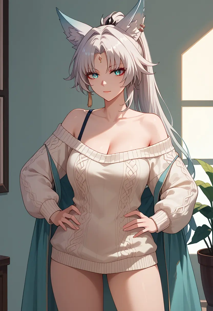 star rail,feixiao,Hands on hips,off-shoulder,sweater  - 