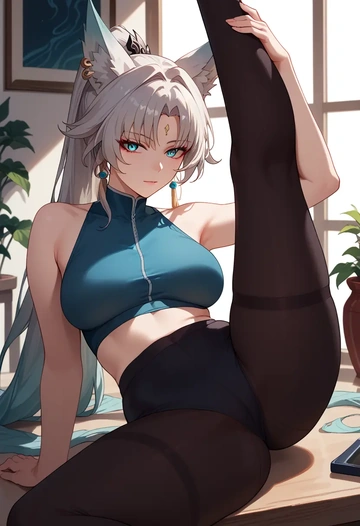 star rail,feixiao,yoga, leggings,spread legs,one leg up,sexy  - AI generated anime art