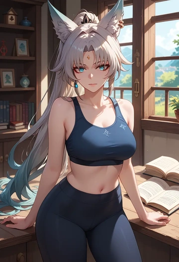 star rail,feixiao,yoga shorts, bra  - AI generated anime art