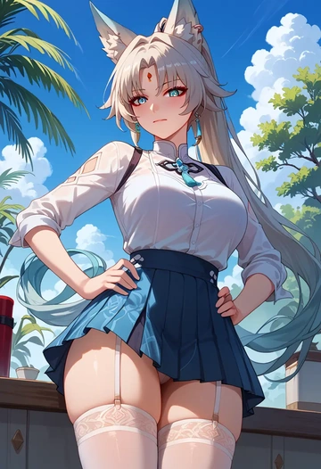 star rail,feixiao,mini skirt, stockings  - AI generated anime art