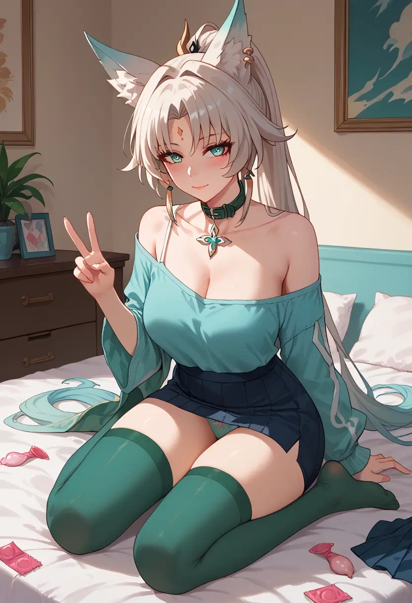 star rail,feixiao,blushing,collar, peace sign, condom,mini skirt,Thigh garters  - 