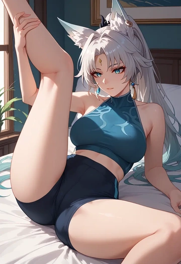 star rail,feixiao,yoga shorts,spread legs,sexy,one leg up  - AI generated anime art