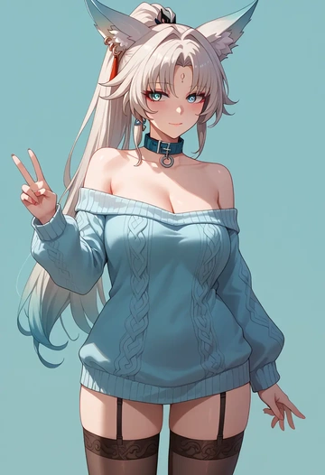 star rail,feixiao,blushing,collar,off-shoulder,sweater,stockings  - AI generated anime art