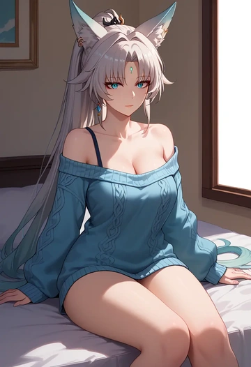 star rail,feixiao,cross-legged,off-shoulder,sweater,stockings  - AI generated anime art