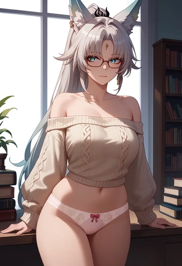 star rail,feixiao,off-shoulder,panties,glasses,sweater  - AI generated anime art