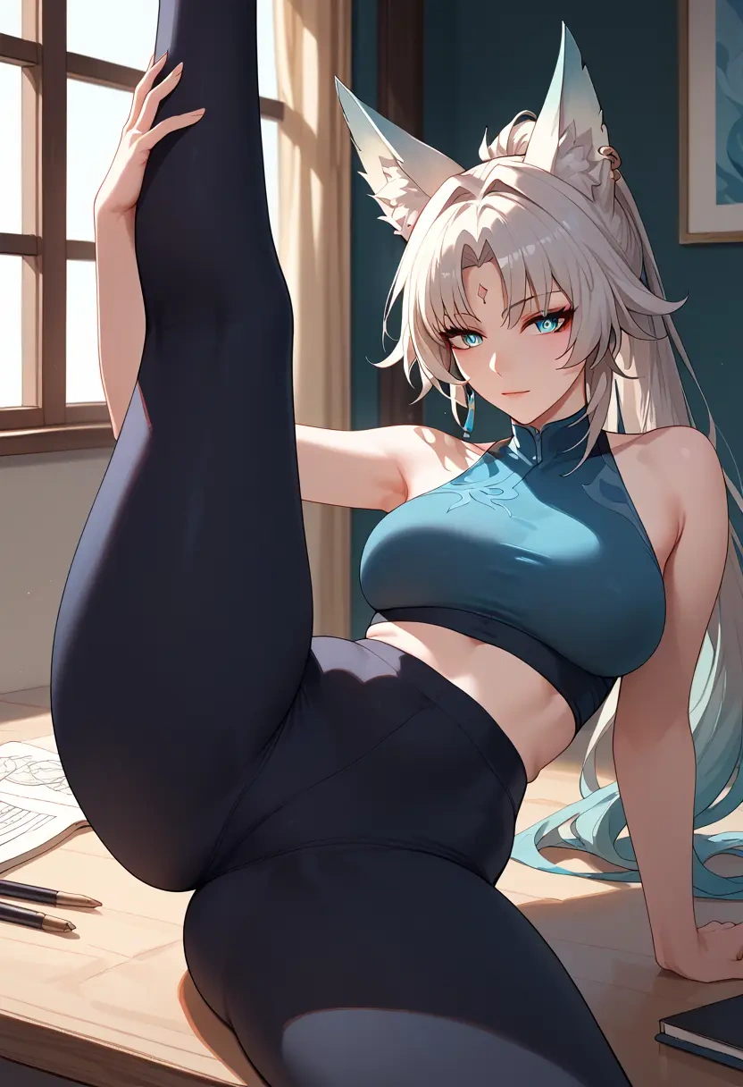 star rail,feixiao,yoga, leggings,spread legs,one leg up,sexy  - 