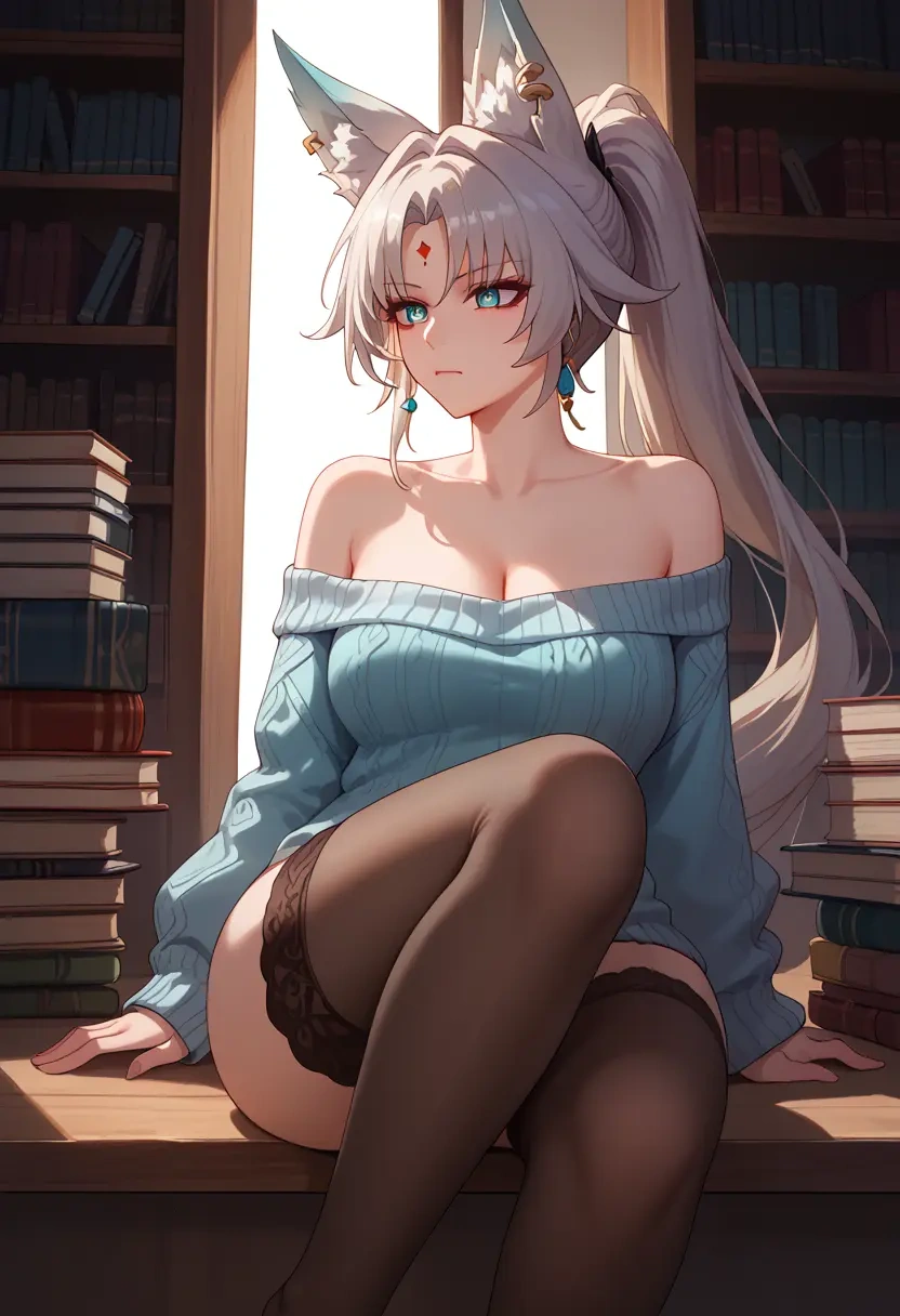 star rail,feixiao,Pouting,off-shoulder,sweater,stockings  - 