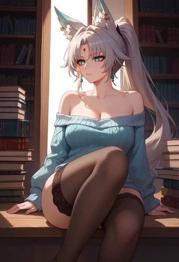 star rail,feixiao,Pouting,off-shoulder,sweater,stockings  - AI generated anime art