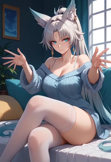 star rail,feixiao,cross-legged,off-shoulder,sweater,stockings  - AI generated anime art