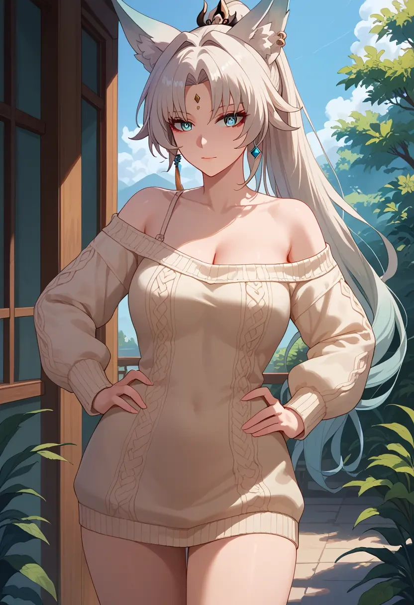 star rail,feixiao,Hands on hips,off-shoulder,sweater,stockings  - 