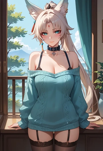 star rail,feixiao,blushing,collar,off-shoulder,sweater,stockings  - AI generated anime art