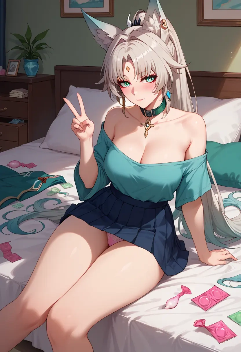 star rail,feixiao,blushing,collar, peace sign, condom,mini skirt,Thigh garters  - 