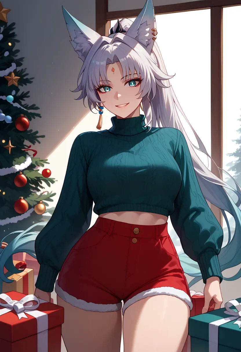 star rail,feixiao,Christmas,red velvet shorts,turtleneck sweater  - 