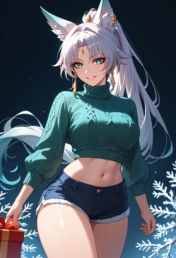 star rail,feixiao,Christmas,red velvet shorts,turtleneck sweater  - AI generated anime art