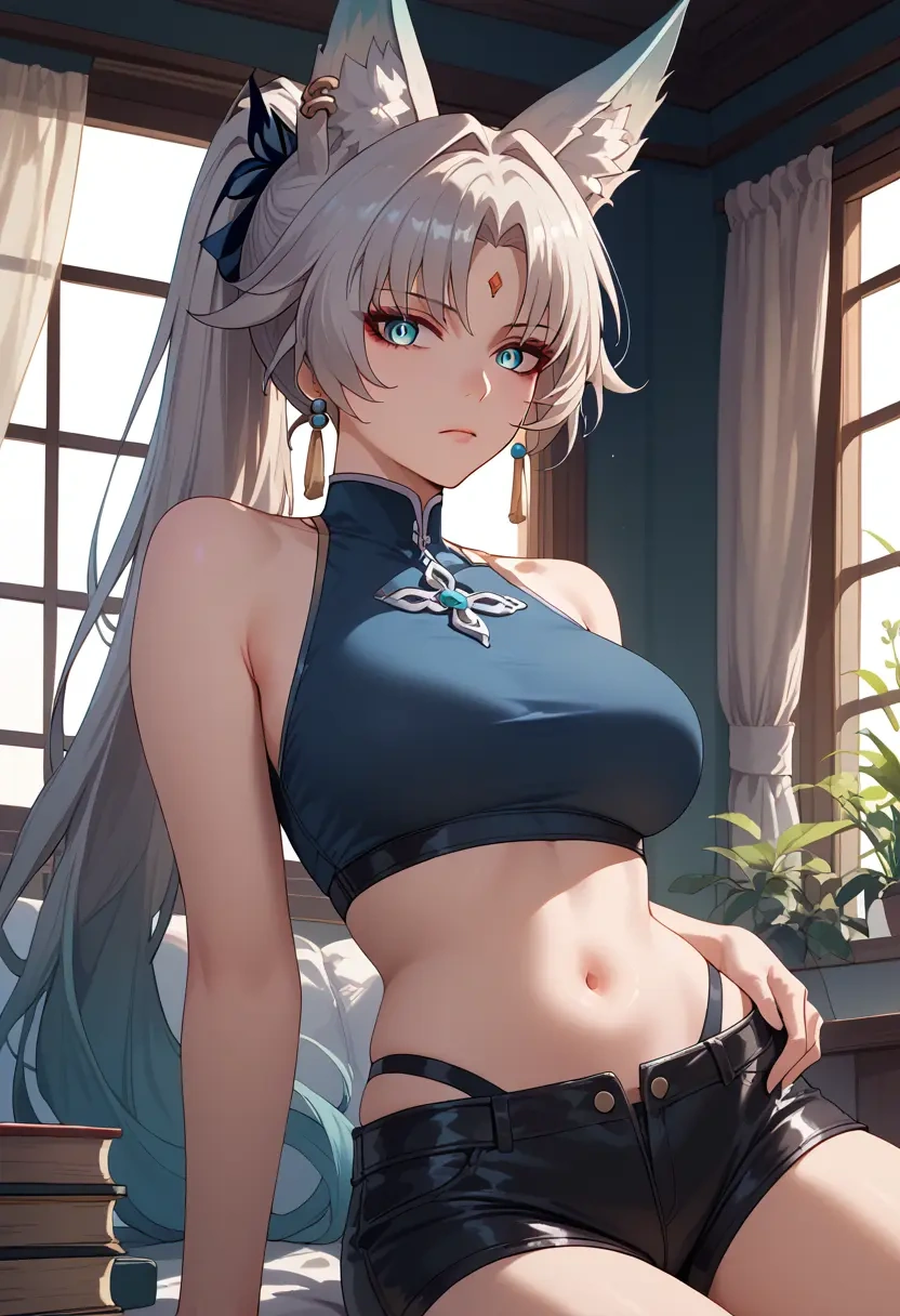 star rail,feixiao,leather,shorts,crop top  - 