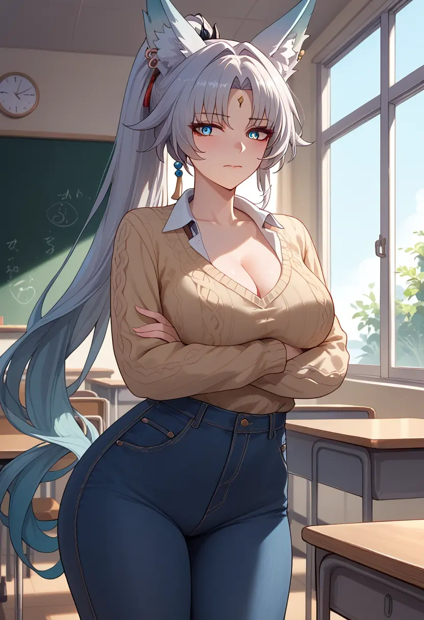 star rail,feixiao,teacher, sweater, jeans shorts  - 