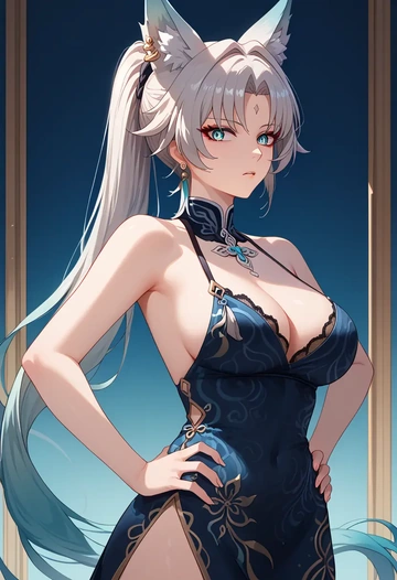 star rail,feixiao,leopard print,silk slip dress  - AI generated anime art