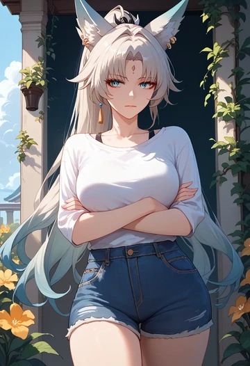 star rail,feixiao,shorts,denim,frayed  - AI generated anime art