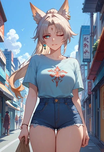 star rail,feixiao,shorts,denim,frayed  - AI generated anime art