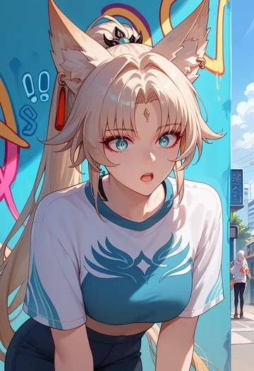 star rail,feixiao,cropped graffiti sweatshirt,dolphin shorts  - AI generated anime art