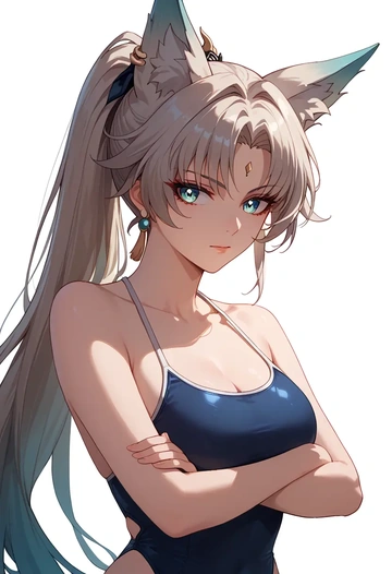 star rail,feixiao,retro style swimsuit,frilled neckline,bow detail  - AI generated anime art