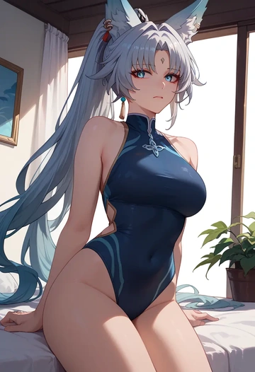 star rail,feixiao,racerback swimsuit,striped trim,name tag patch  - AI generated anime art